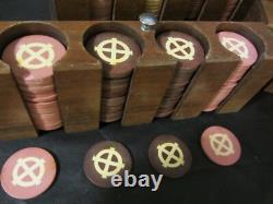 Antique clay poker chip set with wood case & racks & 360ish chips