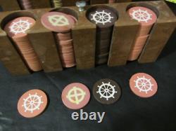 Antique clay poker chip set with wood case & racks & 360ish chips
