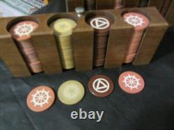 Antique clay poker chip set with wood case & racks & 360ish chips