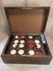 Antique clay poker chip set wood case & racks with bakelite knobs & 360ish chips