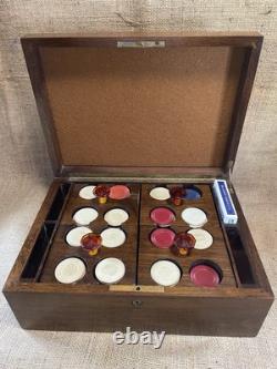 Antique clay poker chip set wood case & racks with bakelite knobs & 360ish chips Antique clay poker chip set wood case & racks with bakelite knobs & 360ish chips