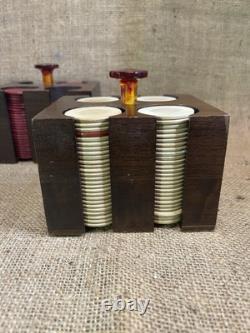 Antique clay poker chip set wood case & racks with bakelite knobs & 360ish chips Antique clay poker chip set wood case & racks with bakelite knobs & 360ish chips