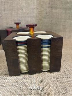 Antique clay poker chip set wood case & racks with bakelite knobs & 360ish chips Antique clay poker chip set wood case & racks with bakelite knobs & 360ish chips
