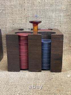 Antique clay poker chip set wood case & racks with bakelite knobs & 360ish chips Antique clay poker chip set wood case & racks with bakelite knobs & 360ish chips