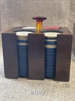 Antique clay poker chip set wood case & racks with bakelite knobs & 360ish chips Antique clay poker chip set wood case & racks with bakelite knobs & 360ish chips