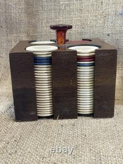 Antique clay poker chip set wood case & racks with bakelite knobs & 360ish chips Antique clay poker chip set wood case & racks with bakelite knobs & 360ish chips