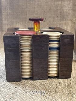 Antique clay poker chip set wood case & racks with bakelite knobs & 360ish chips Antique clay poker chip set wood case & racks with bakelite knobs & 360ish chips