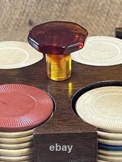 Antique clay poker chip set wood case & racks with bakelite knobs & 360ish chips Antique clay poker chip set wood case & racks with bakelite knobs & 360ish chips