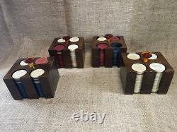Antique clay poker chip set wood case & racks with bakelite knobs & 360ish chips Antique clay poker chip set wood case & racks with bakelite knobs & 360ish chips