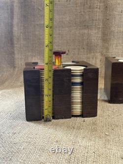 Antique clay poker chip set wood case & racks with bakelite knobs & 360ish chips Antique clay poker chip set wood case & racks with bakelite knobs & 360ish chips
