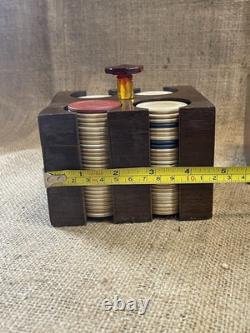 Antique clay poker chip set wood case & racks with bakelite knobs & 360ish chips Antique clay poker chip set wood case & racks with bakelite knobs & 360ish chips