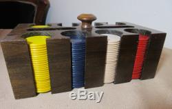 Antique handmade wooden gambling gamin poker clay chip box set card holder caddy