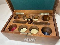 Antique handmade wooden marquetry wood clay poker caddy gambling set chips