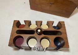 Antique handmade wooden marquetry wood clay poker caddy gambling set chips