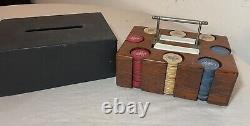 Antique handmade wooden nickel wood crown clay poker caddy gambling set chips