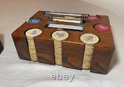 Antique handmade wooden nickel wood crown clay poker caddy gambling set chips