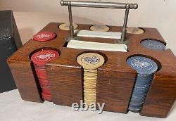 Antique handmade wooden nickel wood crown clay poker caddy gambling set chips