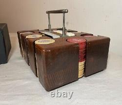 Antique handmade wooden nickel wood crown clay poker caddy gambling set chips