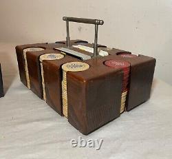 Antique handmade wooden nickel wood crown clay poker caddy gambling set chips