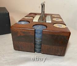 Antique handmade wooden nickel wood crown clay poker caddy gambling set chips