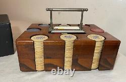 Antique handmade wooden nickel wood crown clay poker caddy gambling set chips