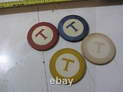 Antique poker chips set clay chip monogrammed letter T with wood box case 256