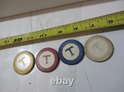 Antique poker chips set clay chip monogrammed letter T with wood box case 256