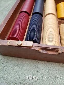 Antique vintage clay chip wood hard box case poker gambling box gaming set