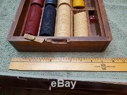 Antique vintage clay chip wood hard box case poker gambling box gaming set