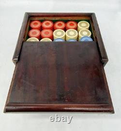 Antique wooden gambling engraved clay poker chip set with wood box