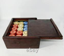 Antique wooden gambling engraved clay poker chip set with wood box