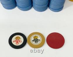 Antique wooden gambling engraved clay poker chip set with wood box