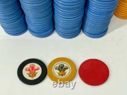 Antique wooden gambling engraved clay poker chip set with wood box