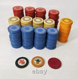 Antique wooden gambling engraved clay poker chip set with wood box