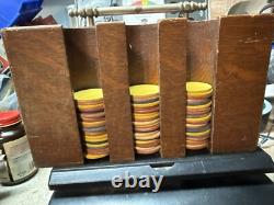 Antique wooden nickel Handle wood clay poker caddy gambling set chips