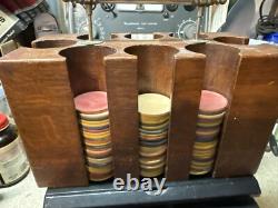 Antique wooden nickel Handle wood clay poker caddy gambling set chips