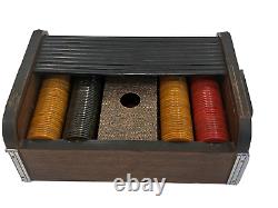 Art Deco Antique Poker Set Roll-Top Wood Case, 200 Bakelite Catalin Chips, Video