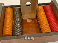 Art Deco Antique Poker Set Roll-Top Wood Case, 200 Bakelite Catalin Chips, Video