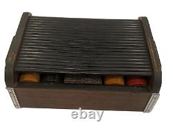 Art Deco Antique Poker Set Roll-Top Wood Case, 200 Bakelite Catalin Chips, Video