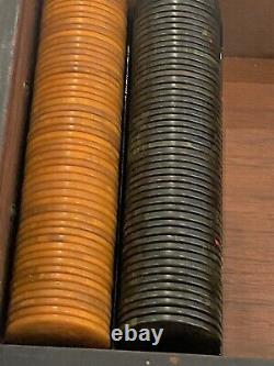 Art Deco Antique Poker Set Roll-Top Wood Case, 200 Bakelite Catalin Chips, Video