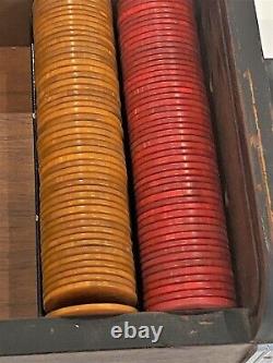 Art Deco Antique Poker Set Roll-Top Wood Case, 200 Bakelite Catalin Chips, Video