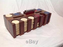 Art Deco Clay Poker Chip Set Wood bakelite lucite handle Tray old vtg antique