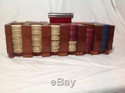 Art Deco Clay Poker Chip Set Wood bakelite lucite handle Tray old vtg antique