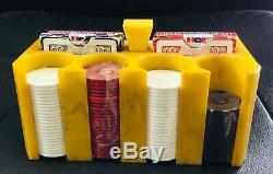 BAKELITE Poker CHIP HOLDER SET BUTTERSCOTCH/BROWN Swirls Cards and Chips