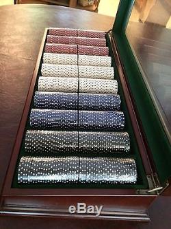 BOMBAY & CO. Poker Chip Set in Mahogany Case withglass top Never used SEALED CHIPS