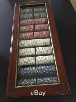 BOMBAY & CO. Poker Chip Set in Mahogany Case withglass top Never used SEALED CHIPS
