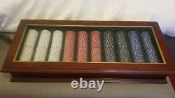 Bombay & Co. Poker chip set in mahogany case with glass top, sealed chips NEW