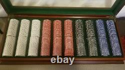 Bombay & Co. Poker chip set in mahogany case with glass top, sealed chips NEW