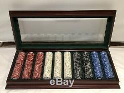 Bombay & Co. Poker chip set in mahogany case withglass top, new selaed chips