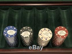 Bombay & Co. Poker chip set in mahogany case withglass top, new selaed chips